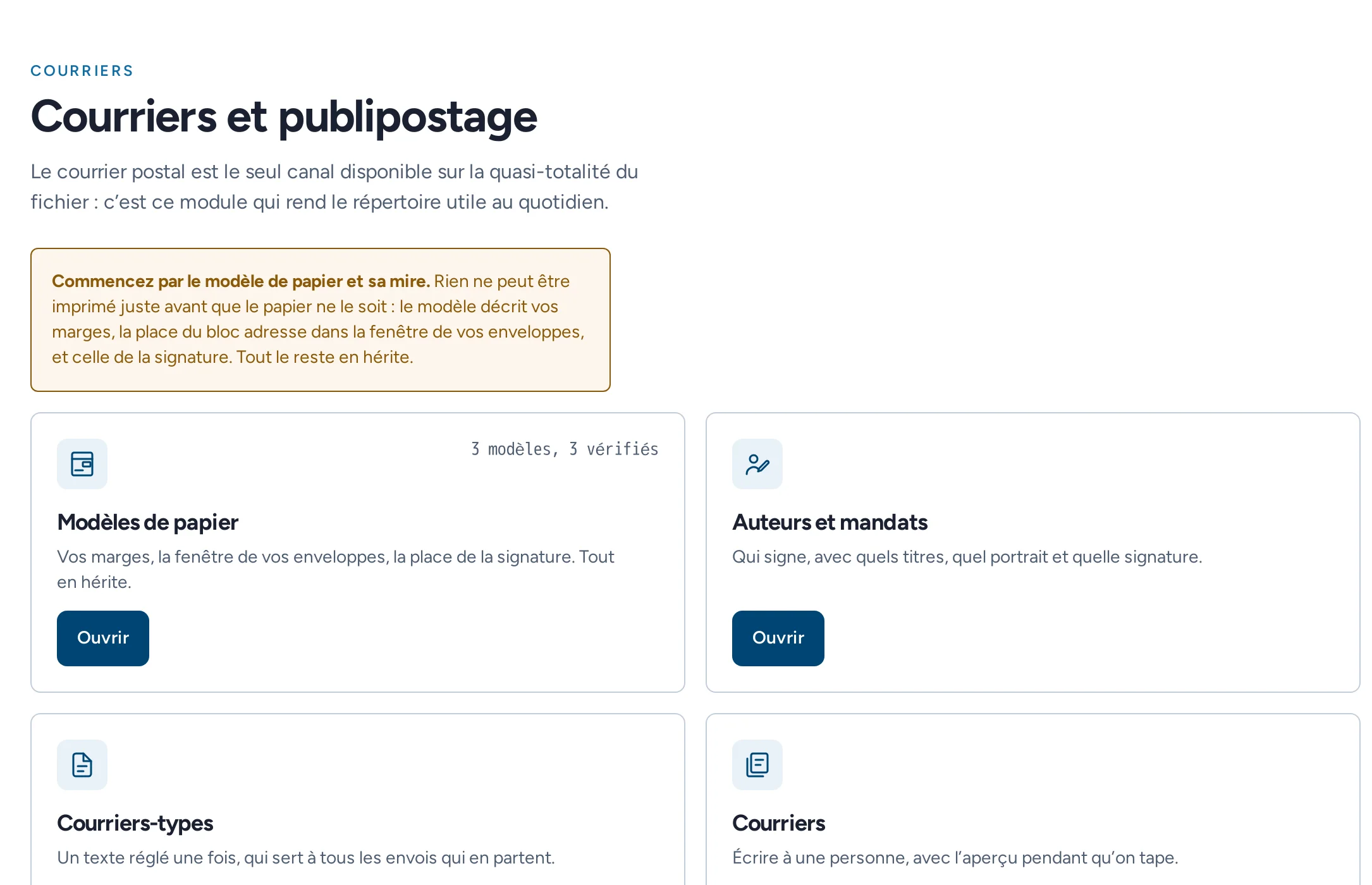 L’accueil du module Courriers : modèles de papier, auteurs et mandats, courriers-types, courriers, courriers à relire et classeur.