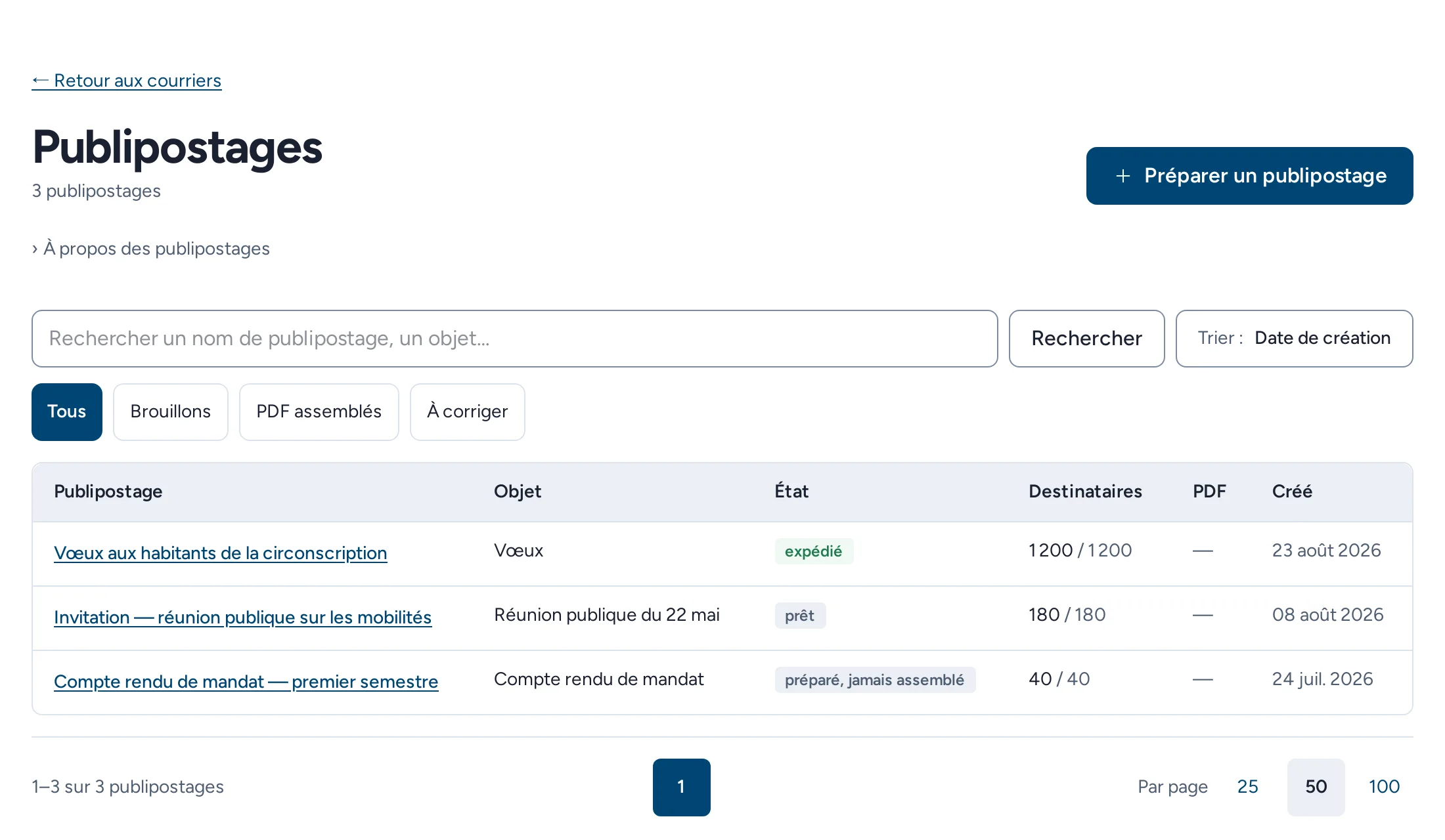 La liste des publipostages du cabinet, avec pour chacun son objet, son état et le nombre de destinataires atteints.
