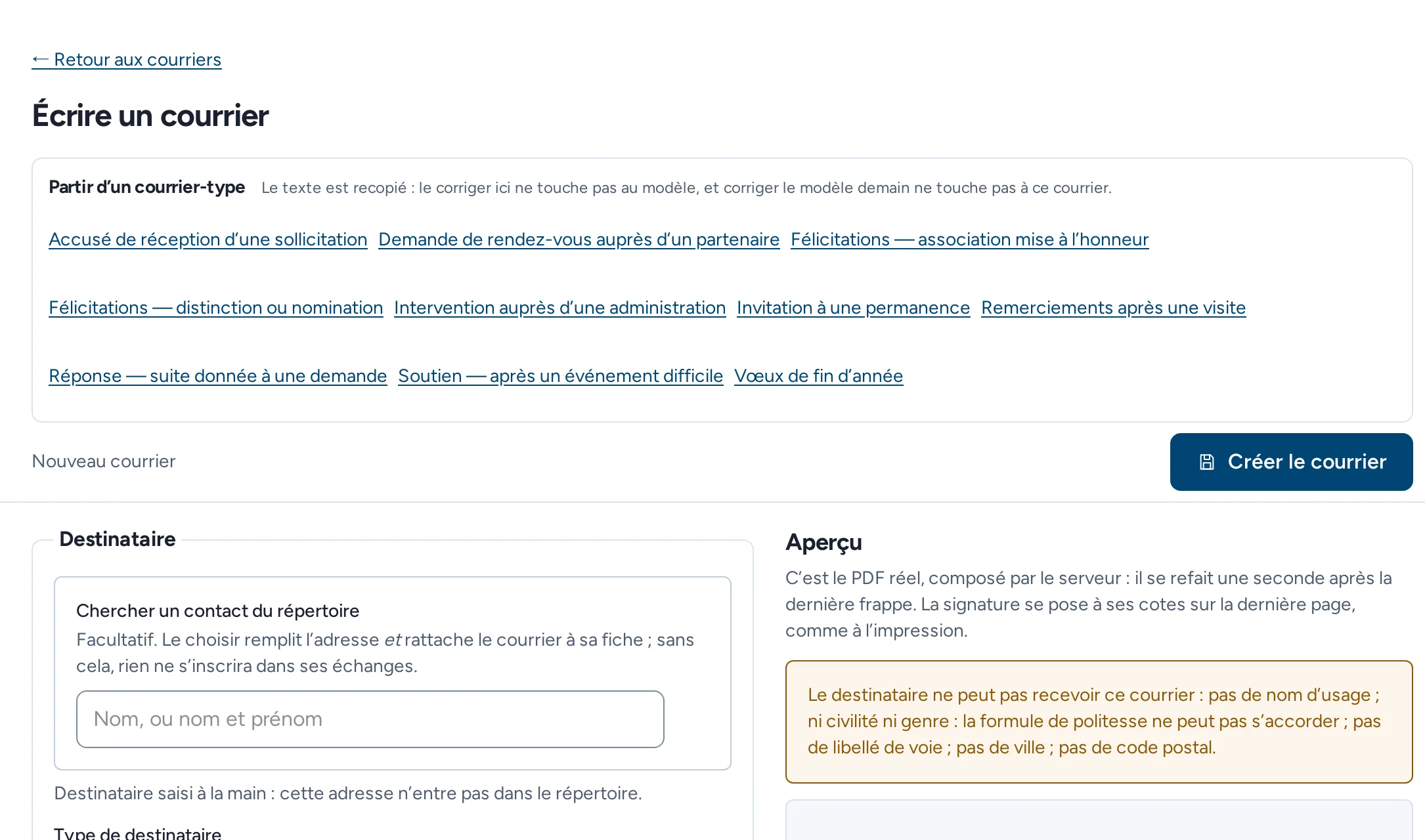 L’écriture d’un courrier : le destinataire à gauche, l’aperçu du document réel à droite, et le signalement d’une adresse incomplète.