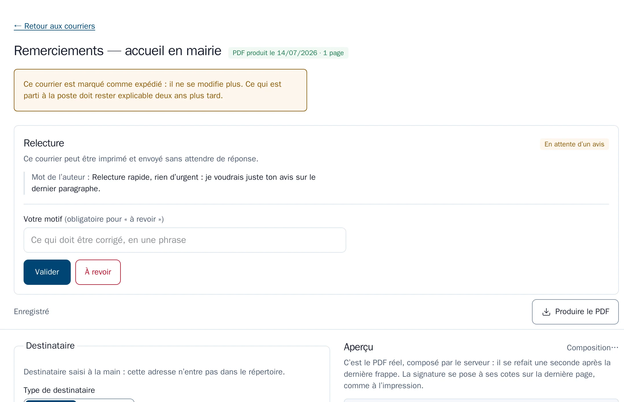 Un courrier soumis à relecture : le mot de l’auteur, et les boutons pour valider ou renvoyer à revoir.