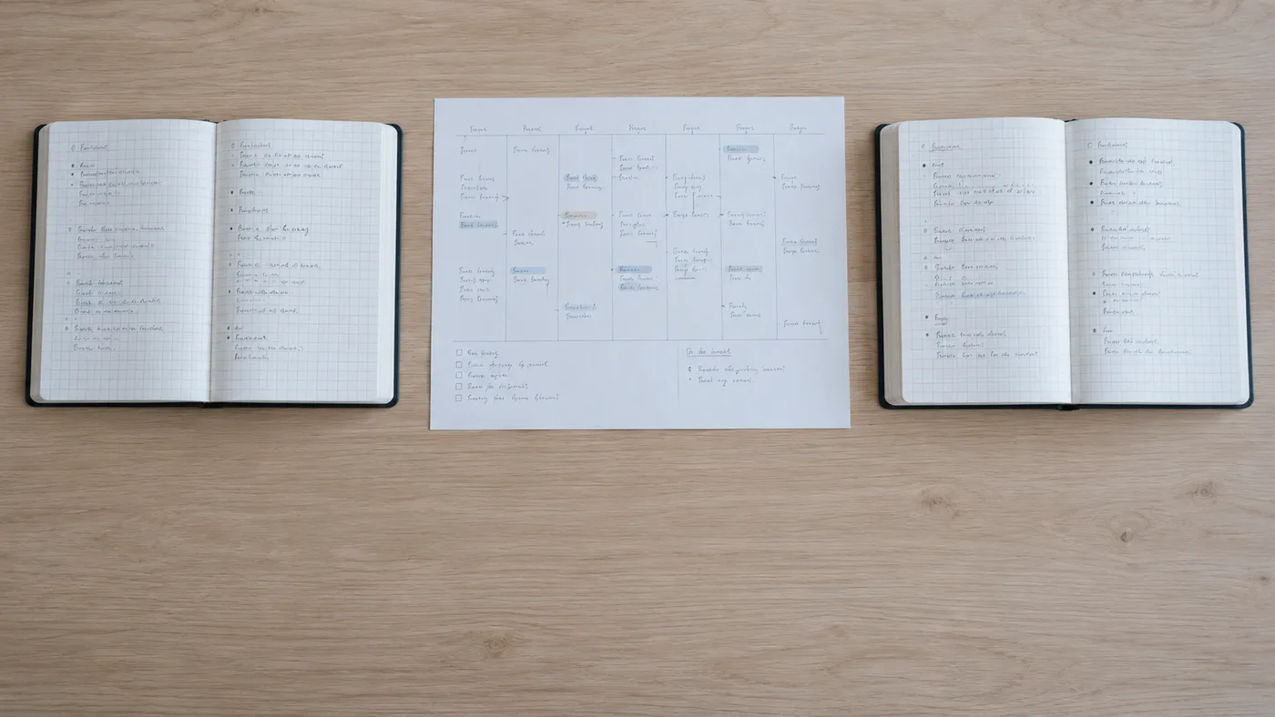 Deux agendas de papier ouverts de part et d’autre d’une feuille de planning hebdomadaire, sur un bureau vu du dessus.