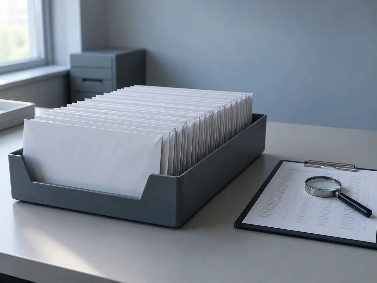 Un bac de tri plein d’enveloppes identiques, et à côté une seule feuille à colonnes posée sous une loupe.