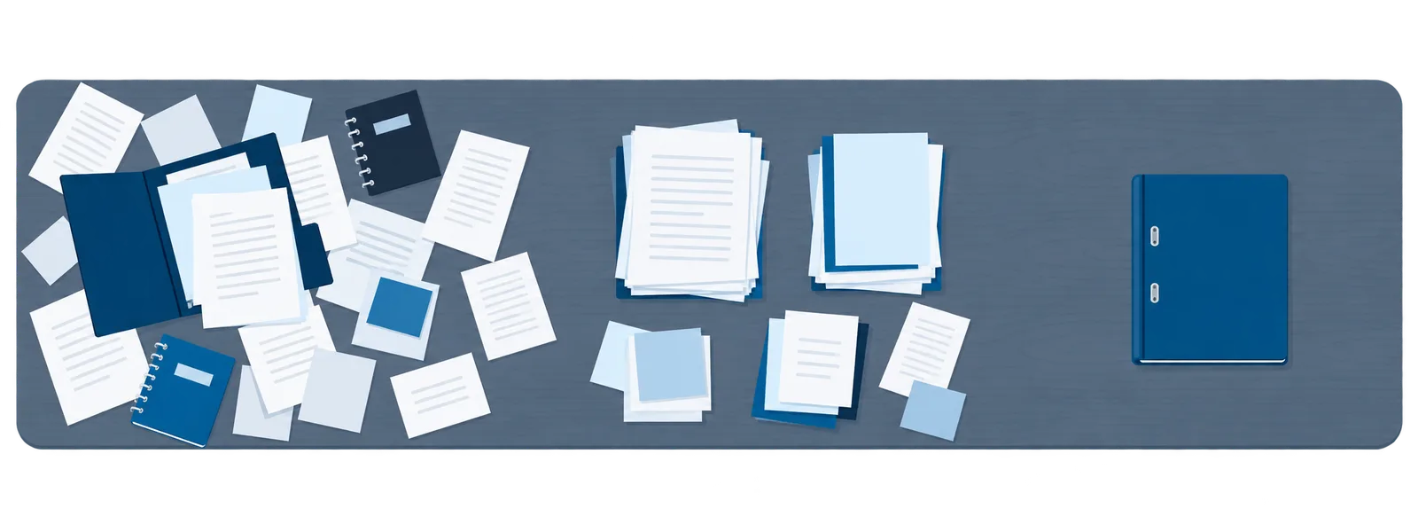 Une même table vue à trois moments : des papiers en vrac, puis en cours de tri, puis un seul classeur fermé.