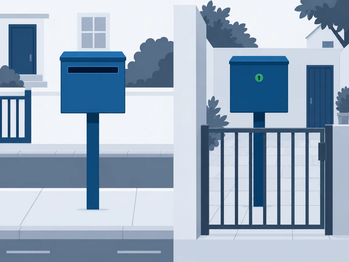 Une boîte aux lettres vue des deux côtés : une fente pour déposer côté rue, et la serrure de l’autre côté, derrière un portail fermé.
