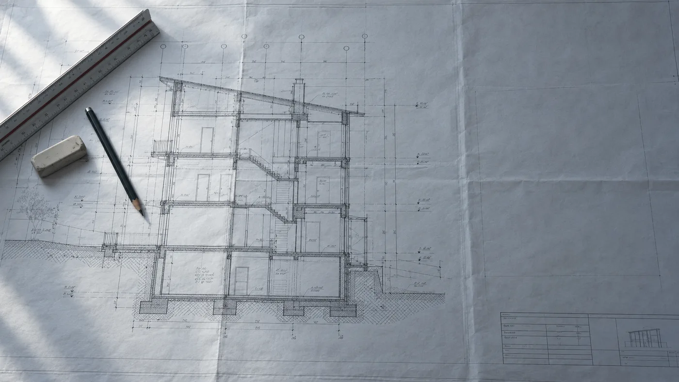 Un plan d’architecte déplié sur une table, couvert de lignes de cote et de repères de niveau, une règle et un crayon posés dessus.