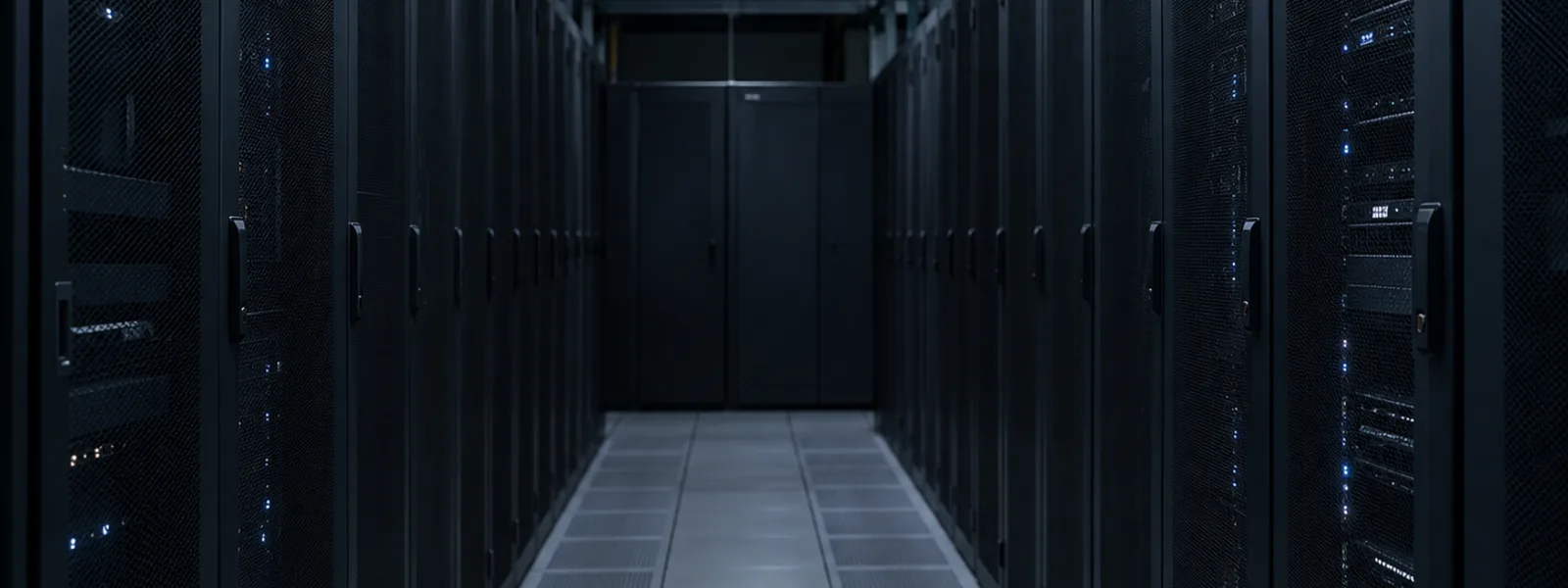 Une allée de salle de serveurs, baies fermées de chaque côté, sans marque ni personne.