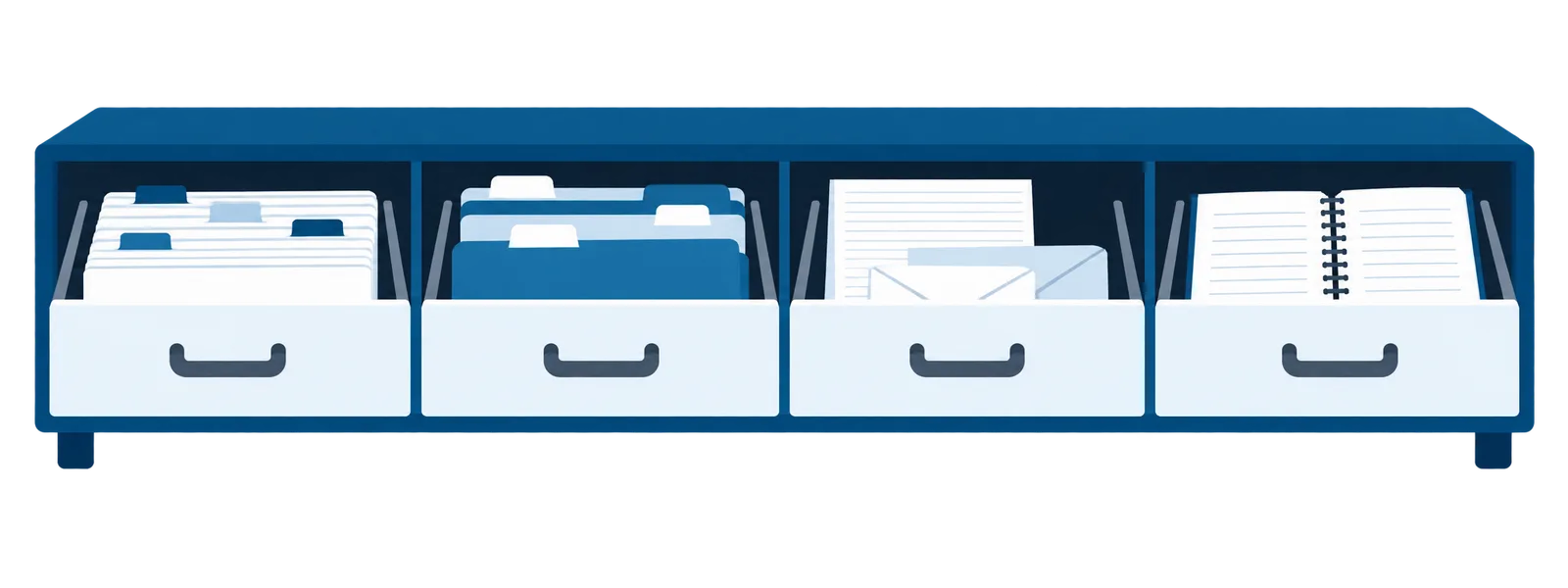 Un meuble d’un seul tenant à quatre tiroirs ouverts, contenant des fiches, des dossiers, du courrier et un carnet de rendez-vous.
